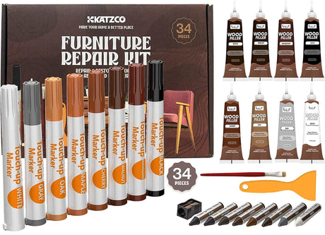 Katzco Furniture Repair Kit Wood Markers - Set of 34 - Markers and Wax Sticks with Sharpener - for Stains, Scratches, Floors, Tables, Desks, Katzco