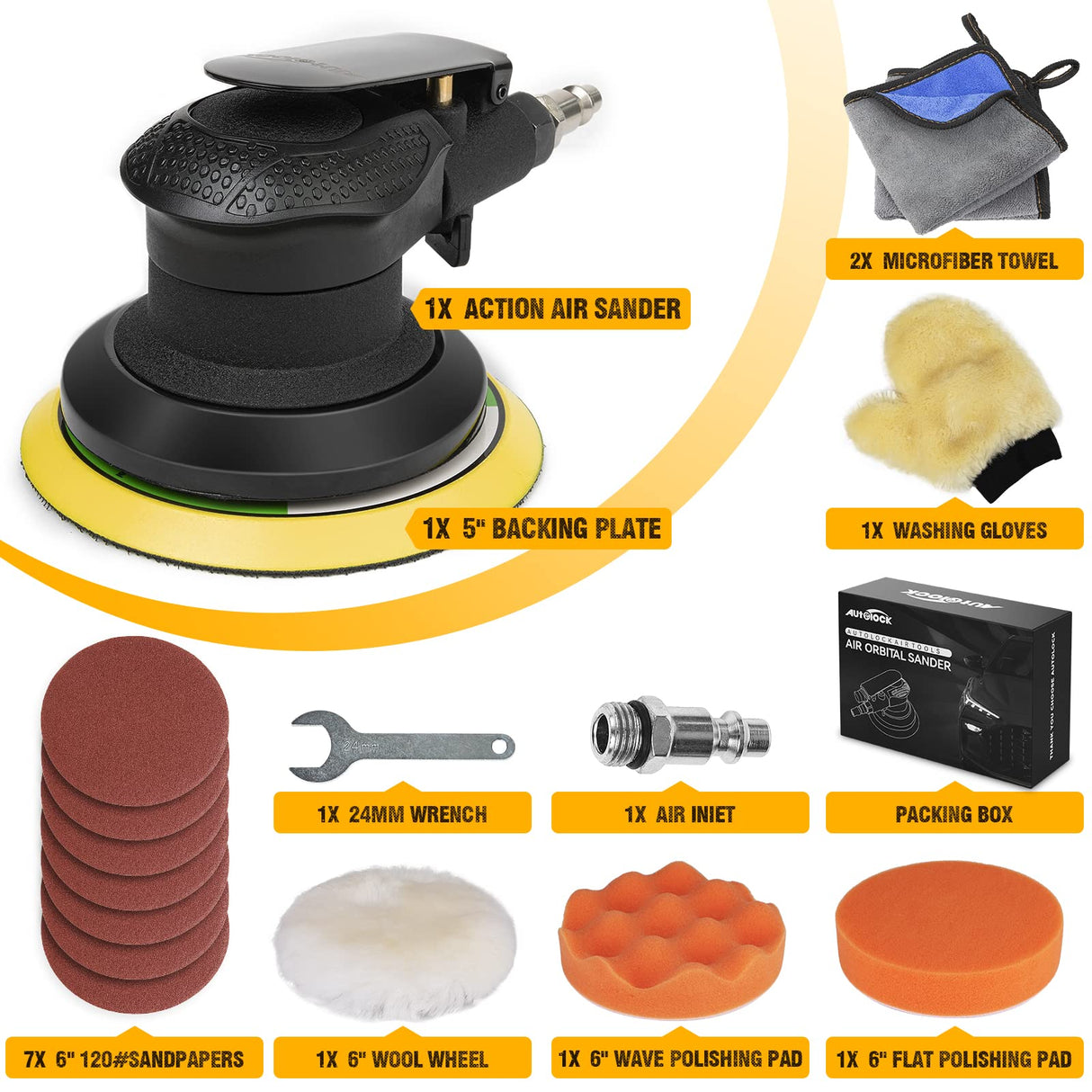 Autolock 5 Inches Air Random Orbital Sander, Pneumatic Palm Car Sanders For Wood Polisher Metal,And Auto Body Work, Da Sanders, Dual-action Sander Autolock