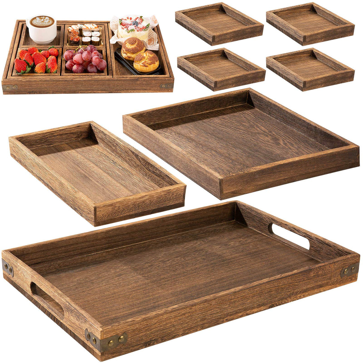 Yangbaga Rustic Wooden Serving Trays with Handle - Set of 7 Rectangular Platters for Entertaining, Breakfast, Coffee Table, Home Decor Yangbaga