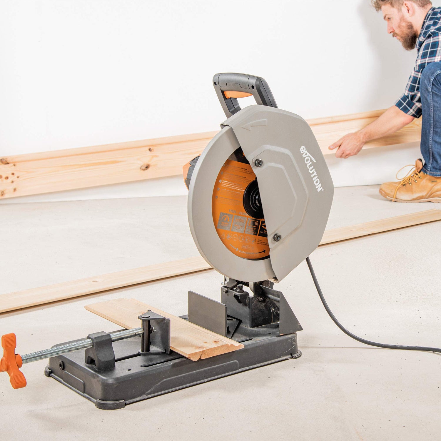 Evolution Power Tools R355CPS 14-Inch Chop Saw Multi Purpose, Multi-Material Cutting Cuts Metal, Plastic, Wood & More Miter Cut up to 45˚ Degrees TCT Evolution
