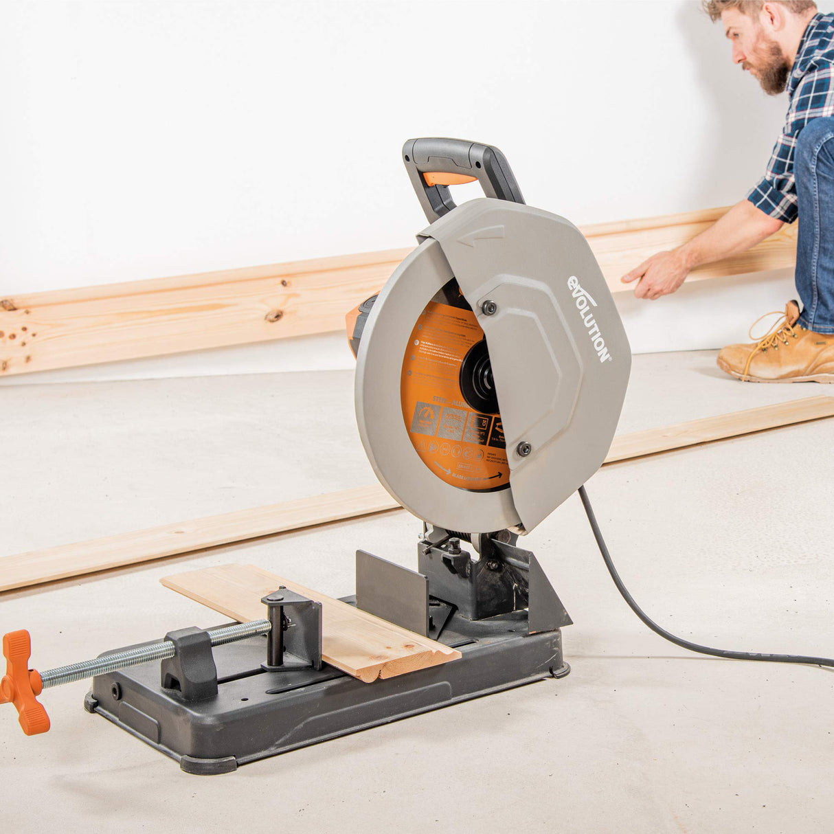 Evolution Power Tools R355CPS 14-Inch Chop Saw Multi Purpose, Multi-Material Cutting Cuts Metal, Plastic, Wood & More Miter Cut up to 45˚ Degrees TCT Evolution