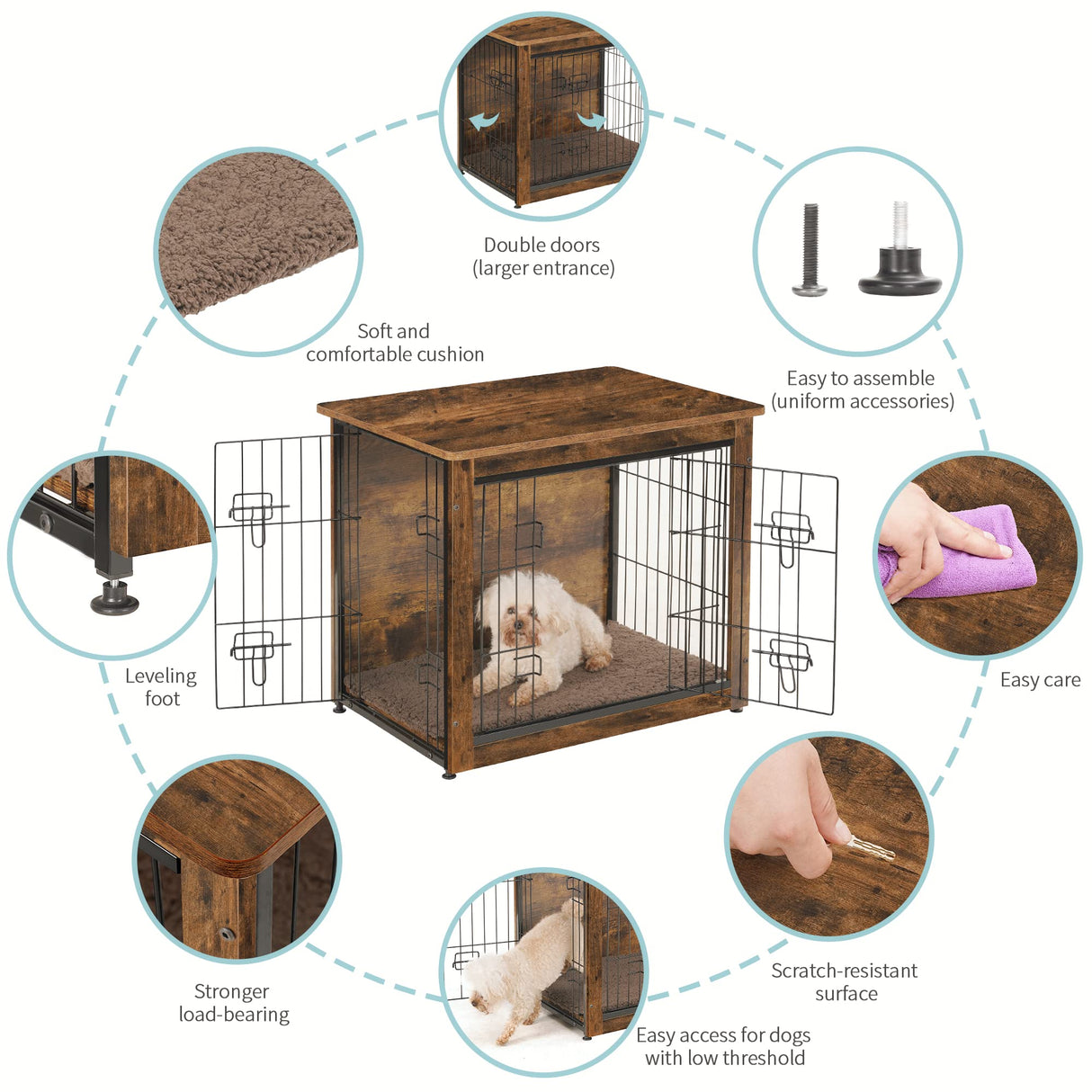 DWANTON Dog Crate Furniture with Cushion, Wooden Crate Table, Double-Doors Furniture, Kennel Indoor for Small/Medium/Large Dog, Dog House/Cage, 27.2" Dwanton