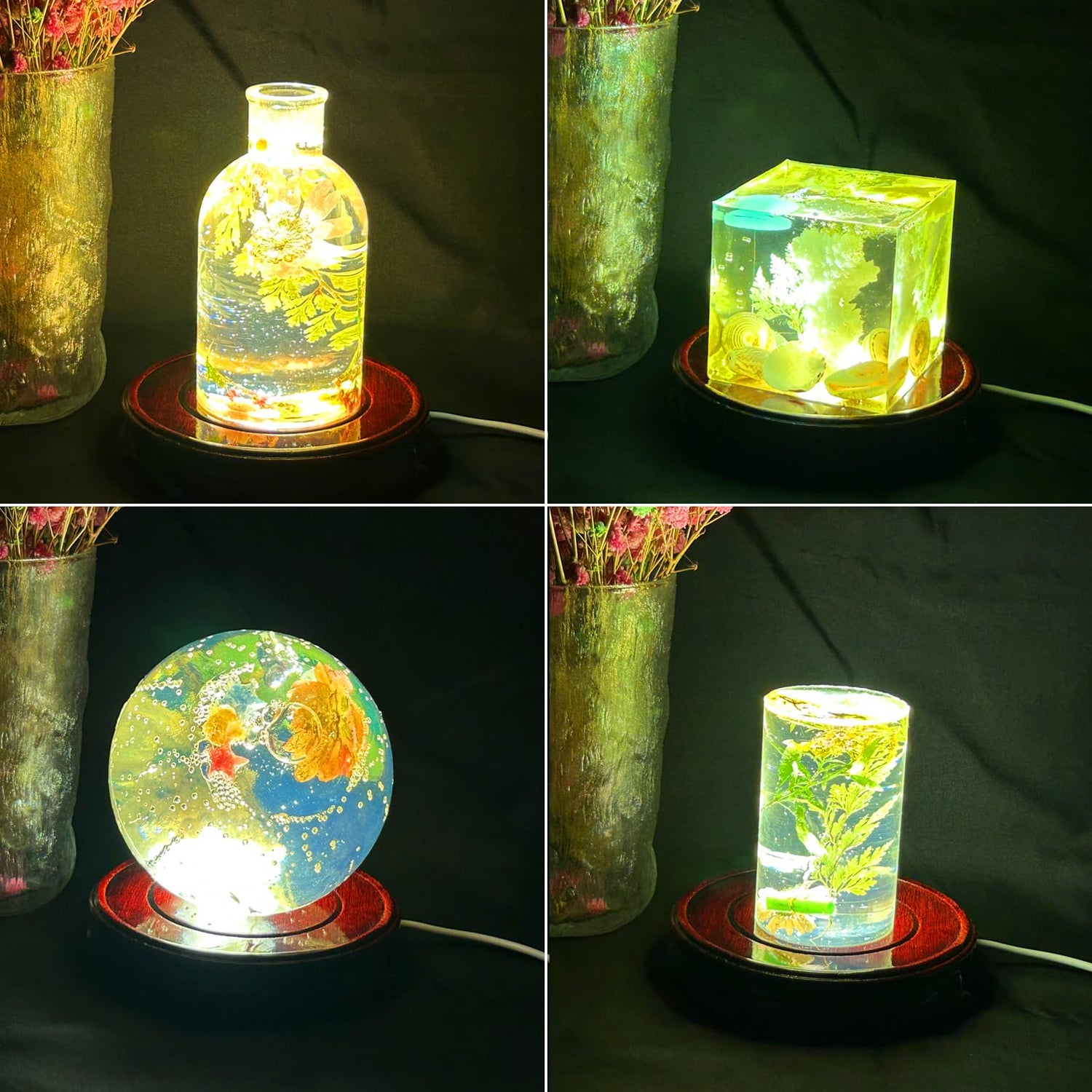 Voaesdk Root Carving Wooden Light Display Base 4.5 Inch Round Wood LED Lighted Stand Base Crystal Display Pedestal for 3D Crystal Figurine Glass Voaesdk