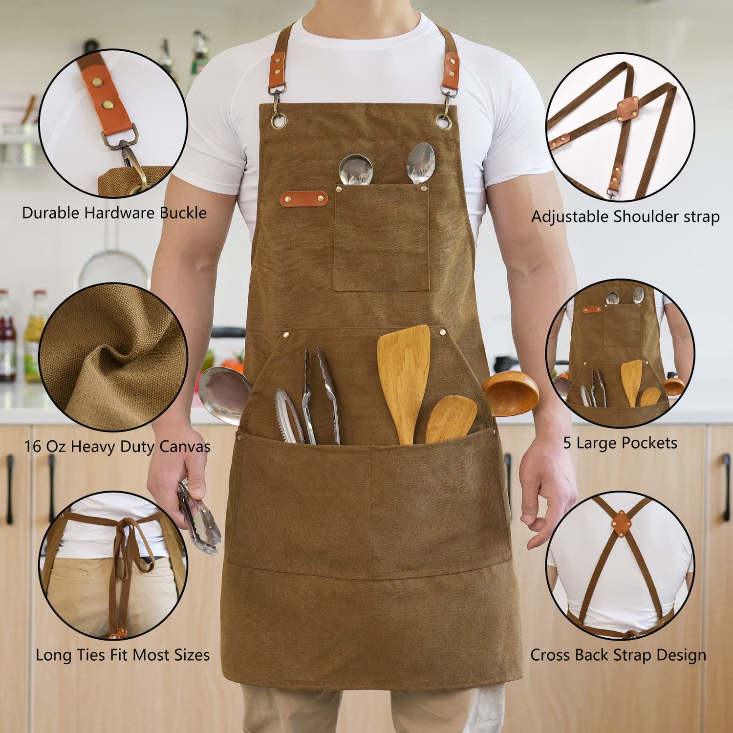 Aoomzoon Canvas Aprons for Men Chef Apron, Work Apron with Large Pockets - Durable 16oz Heavy Duty Cross Back, BBQ, Cooking (Brown, 1 Pack) Aoomzoon