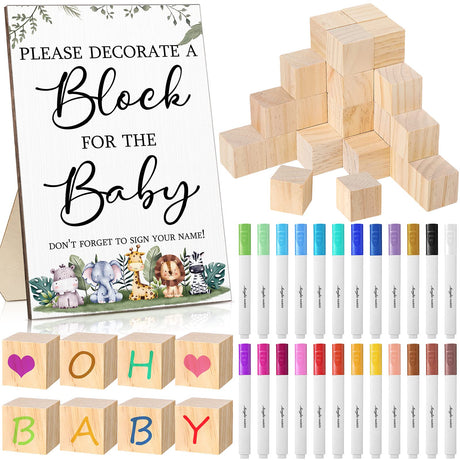 Tatuo 75 Pcs Baby Shower Games Sign Kit Including Decorate a Block Game Sign 50 DIY Blank Wooden Block 24 Acrylic Paint Marker Baby Shower Prize for Tatuo