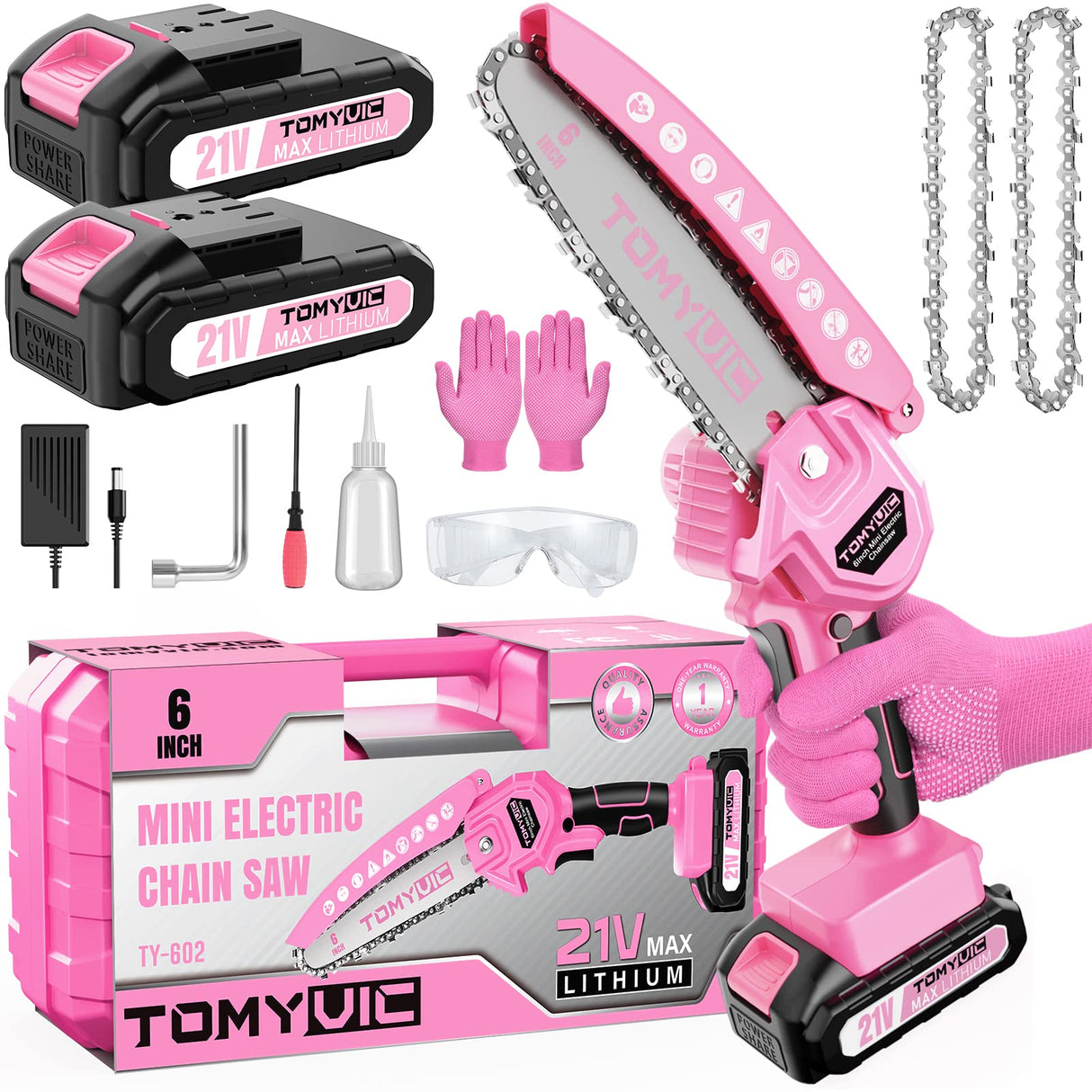Mini Chainsaw 6-Inch Battery Powered - Pink Cordless Electric Handheld Chainsaw with 2 Rechargeable Batteries - 21V Small Power Chain Saws Battery Tomyvic