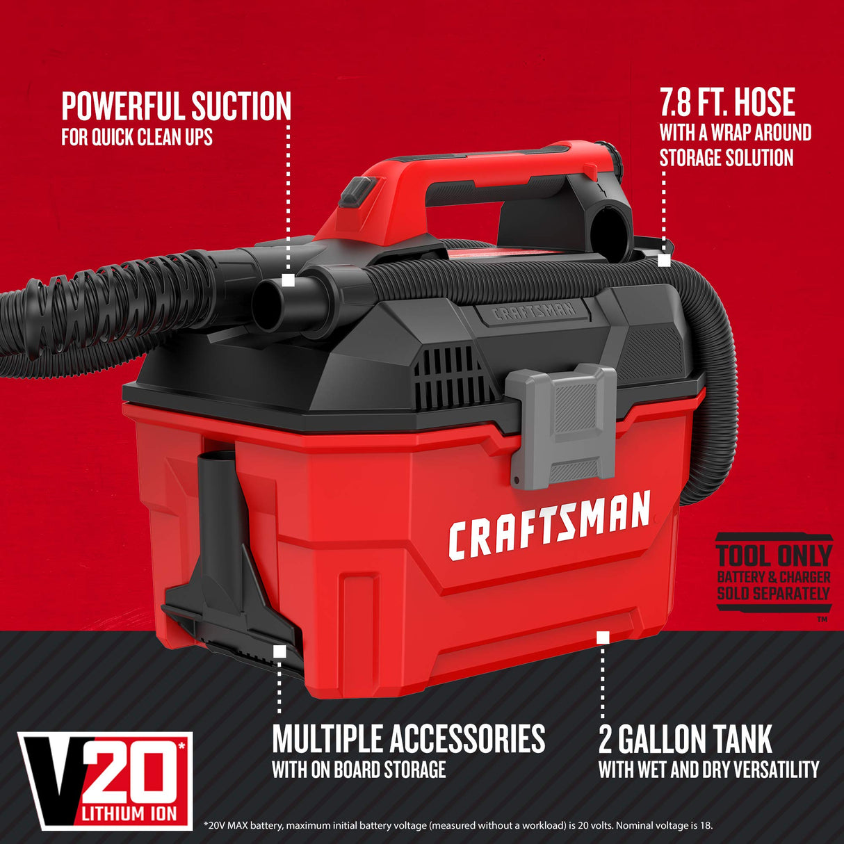 Craftsman V20 Cordless Vacuum Cleaner, Shop Vac Wet/Dry, 2 Gallon, 7ft Hose, Bare Tool Only (CMCV002B) Craftsman
