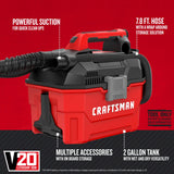 Craftsman V20 Cordless Vacuum Cleaner, Shop Vac Wet/Dry, 2 Gallon, 7ft Hose, Bare Tool Only (CMCV002B) Craftsman