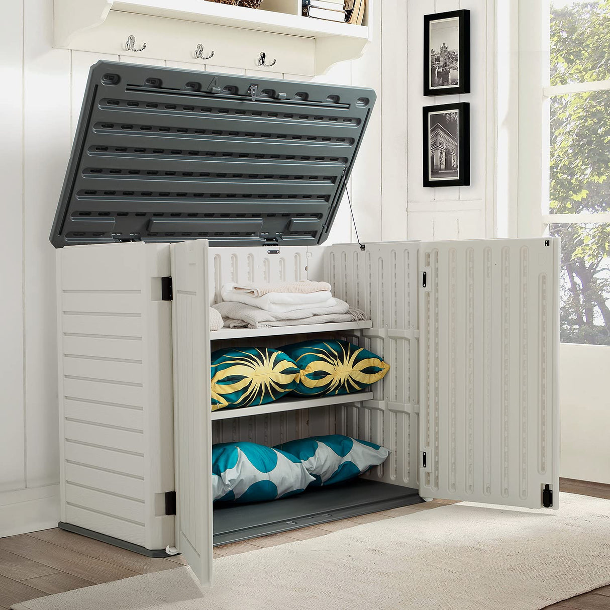 Jummico Horizontal Outdoor Resin Storage Shed 27 Cu. Ft. Garden Storage Extra Large Capacity Weather Resistant Storage Box for Bike, Garbage Cans, JUMMICO