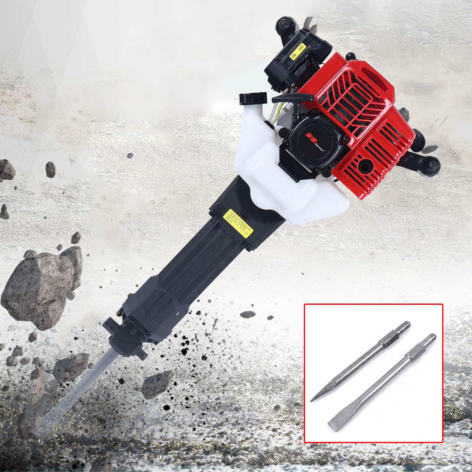 52CC Demolition Jack Hammer, 2 Stroke Gas Powered Concrete Breaker Punch Drill Jack Hammer 1500BPM with 2 Chisel Hand Pull Air Cooling for Heavy - WoodArtSupply