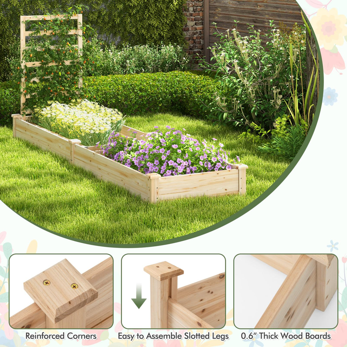 HAPPYGRILL Raised Garden Bed with Trellis, Wooden Planter Box with Divided Space for Vegetables, Flowers, Fruits, Climbing Plants, Outdoor Elevated HAPPYGRILL