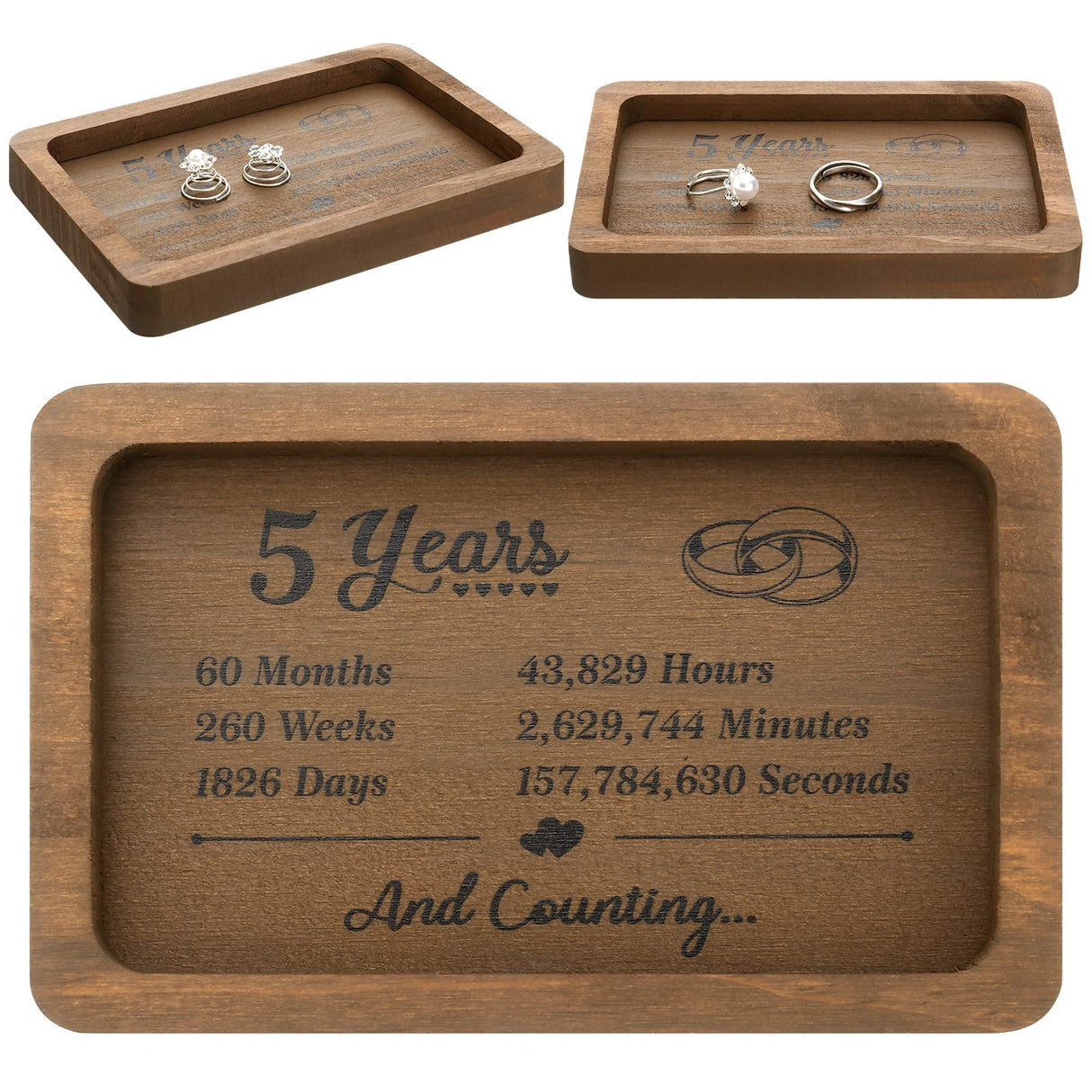 Gerrii Anniversary Wood Gift Rectangle Engraved Tray Wedding Anniversary Wood Gifts for Him Husband Wife Trinket Dish Solid Wood Jewelry Display Tray Gerrii