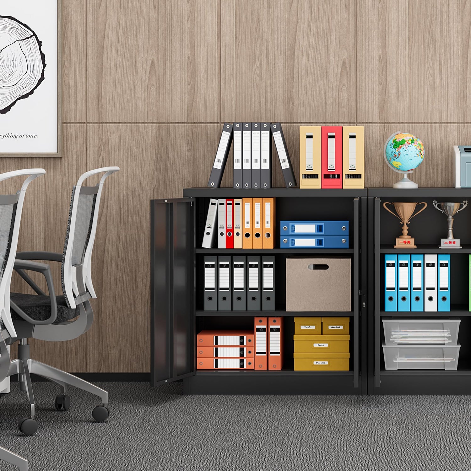 Coolsun Metal Storage Cabinet, Garage Storage Cabinet with Doors and 2 Adjustable Shelves, 36" Black File Cabinet, Locking Cabinet for Coolsun