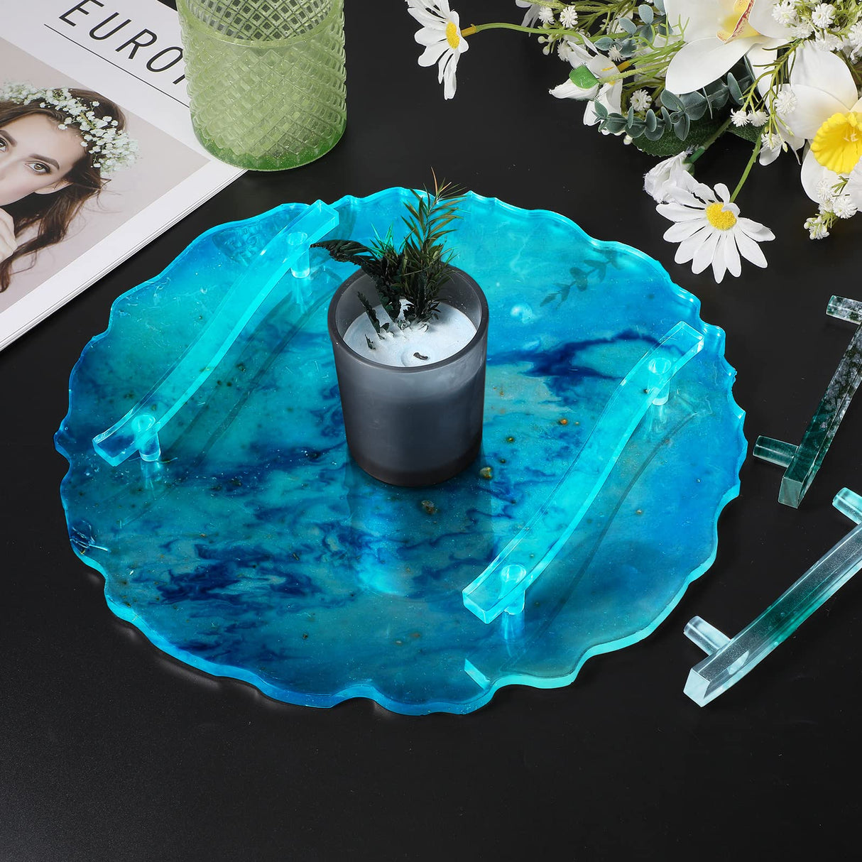 meekoo 2 Pcs Large Silicone Resin Tray Molds with 4 Pcs Handles Serving Tray Molds Round Rectangle Resin Mold for Making Jewelry Plates Tea Coasters meekoo