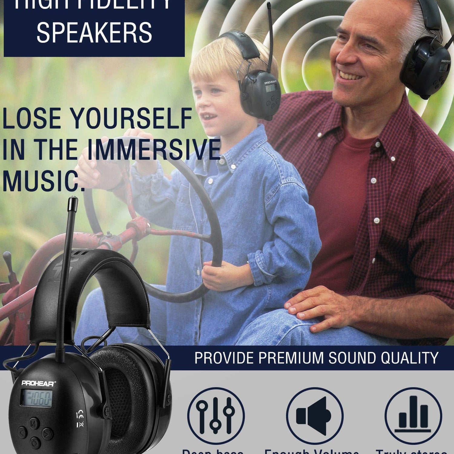 PROHEAR 033 Upgraded Bluetooth 5.3 Hearing Protection Headphones with FM/AM Radio - 25dB NRR Safety Earmuffs, Rechargeable, 48H Playtime for Mowing, PROHEAR