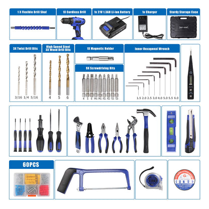 jar-owl 21V Tool Set with Drill, 350 in-lb Torque, 0-1350RMP Variable Speed, 10MM 3/8'' Keyless Chuck, 18+1 Clutch, 1.5Ah Li-Ion Battery & Charger - WoodArtSupply