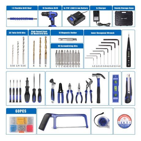 jar-owl 21V Tool Set with Drill, 350 in-lb Torque, 0-1350RMP Variable Speed, 10MM 3/8'' Keyless Chuck, 18+1 Clutch, 1.5Ah Li-Ion Battery & Charger jar-owl