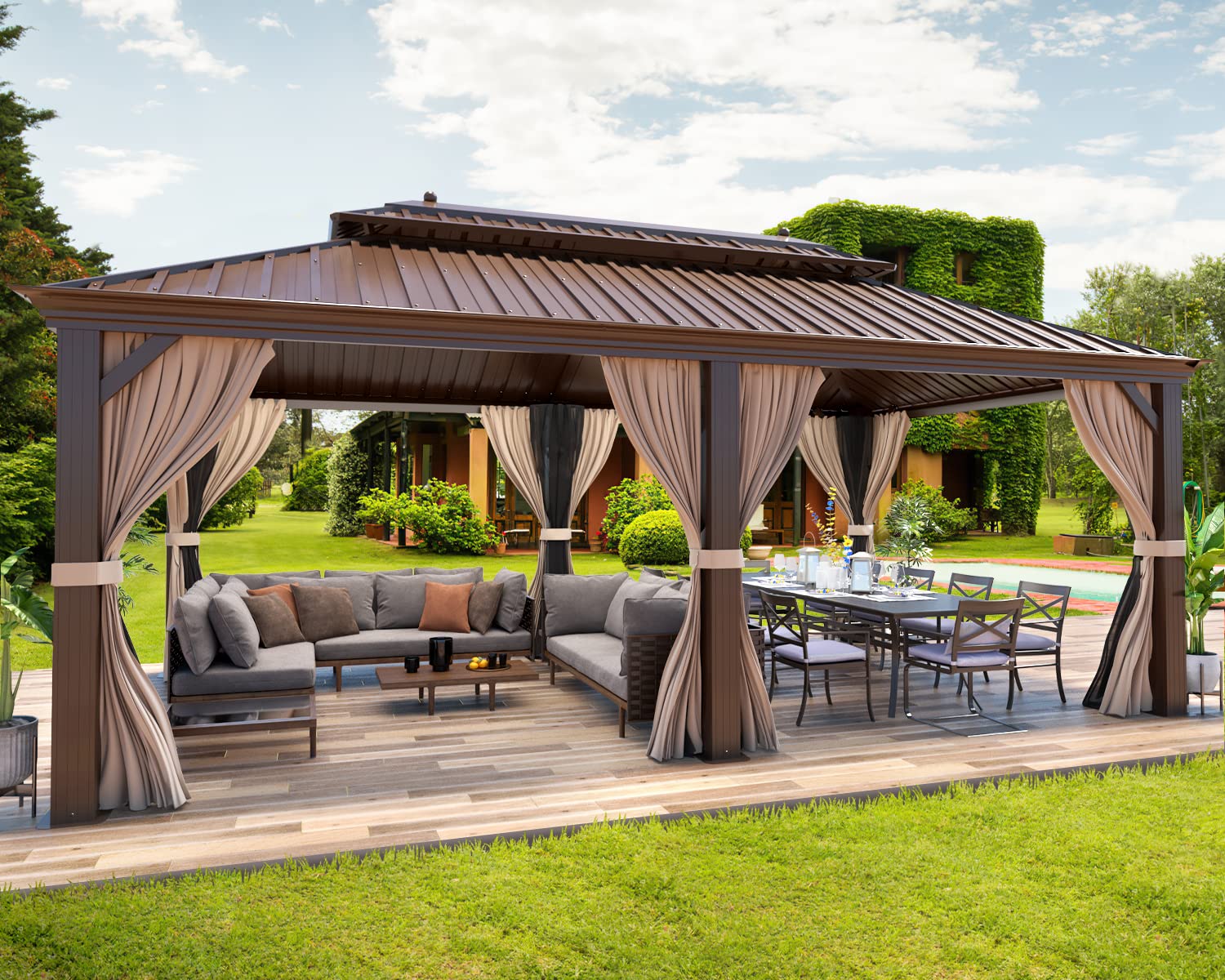 MELLCOM 12' x 20' Hardtop Gazebo,Galvanized Steel Metal Double Roof Gazebo with Curtain and Netting,Brown Permanent Pavilion Gazebo with Aluminum MELLCOM