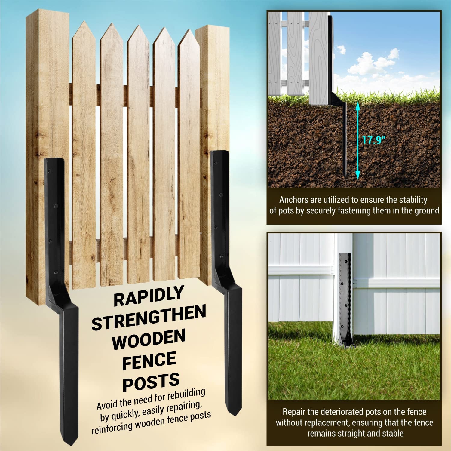 WIMART Fence Post Repair Kit, Heavy Duty Steel Fence Post Anchor Ground Spike for Repair Tilted, Broken Wood Fence Post (Black - Set 1) WIMART