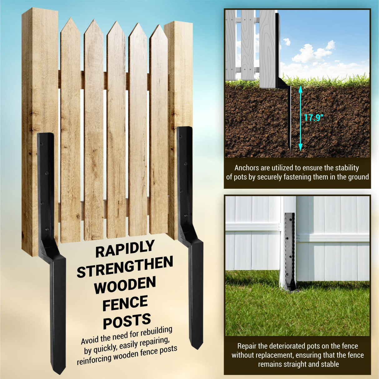 WIMART Fence Post Repair Kit, Heavy Duty Steel Fence Post Anchor Ground Spike for Repair Tilted, Broken Wood Fence Post (Black - Set 1) WIMART