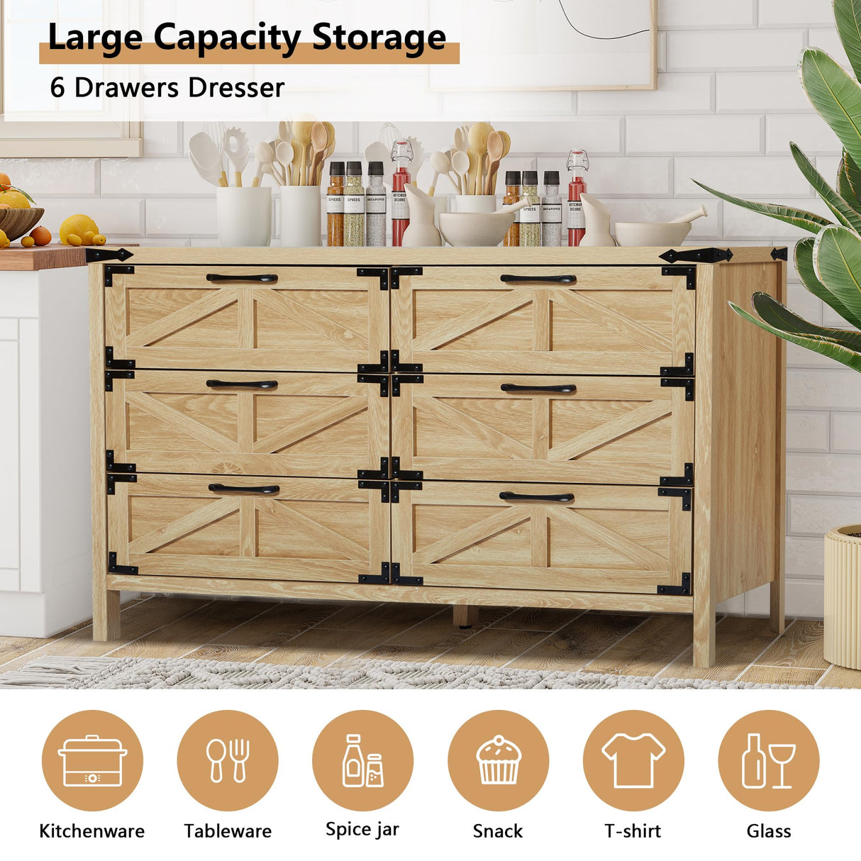 wirrytor Modern Farmhouse 6 Drawer Double Dresser for Bedroom, Wide Rustic Chest of Drawers, Wooden Dresser Chest Storage Organizer for Nursery, wirrytor