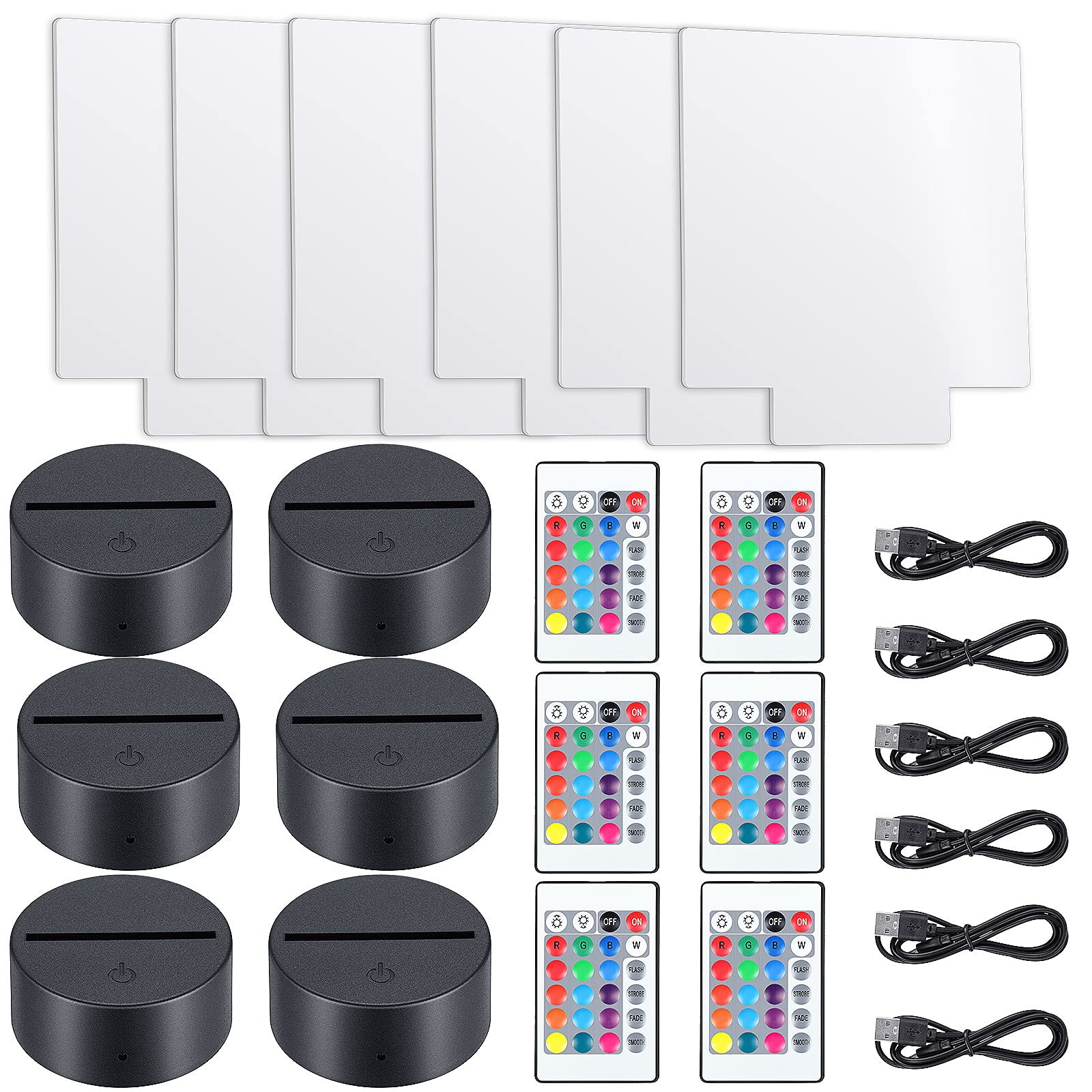 6 Sets 3D Night LED Lamp Bases Including 6 Light Display Stands 6 Clear Acrylic Sheets 6 Remote Controls 6 Charging Cables, Adjustable 16 Colors 4 - WoodArtSupply