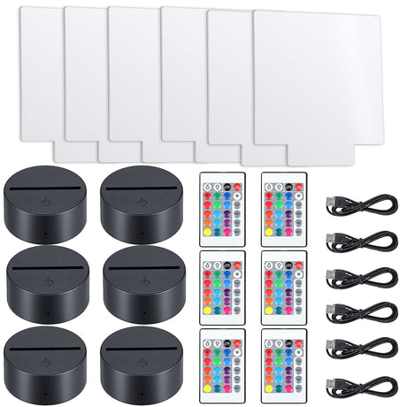 6 Sets 3D Night LED Lamp Bases Including 6 Light Display Stands 6 Clear Acrylic Sheets 6 Remote Controls 6 Charging Cables, Adjustable 16 Colors 4 Honoson