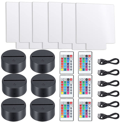 6 Sets 3D Night LED Lamp Bases Including 6 Light Display Stands 6 Clear Acrylic Sheets 6 Remote Controls 6 Charging Cables, Adjustable 16 Colors 4
