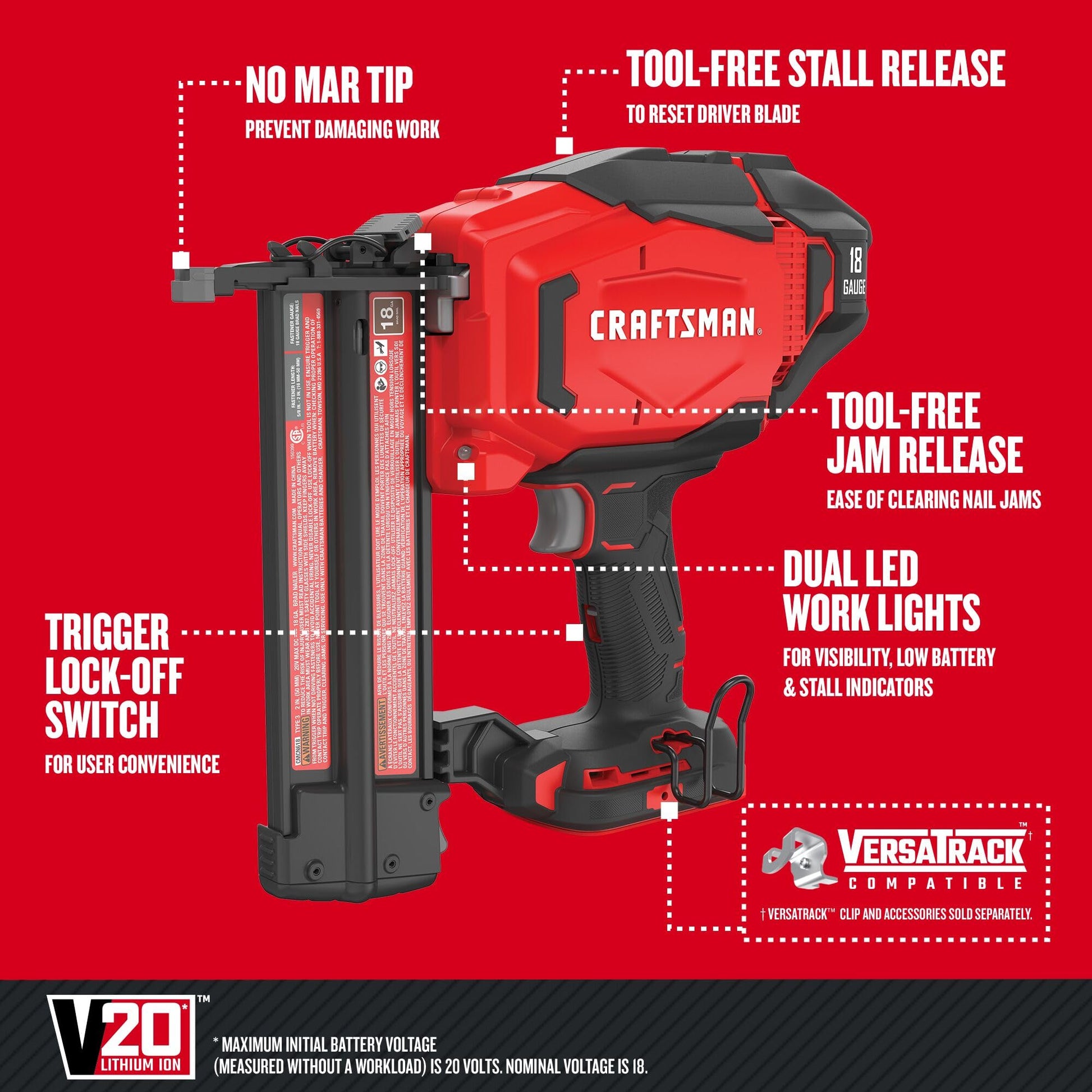 CRAFTSMAN V20 Brad Nailer, 18GA, Cordless, Bare Tool Only (CMCN618B) - WoodArtSupply