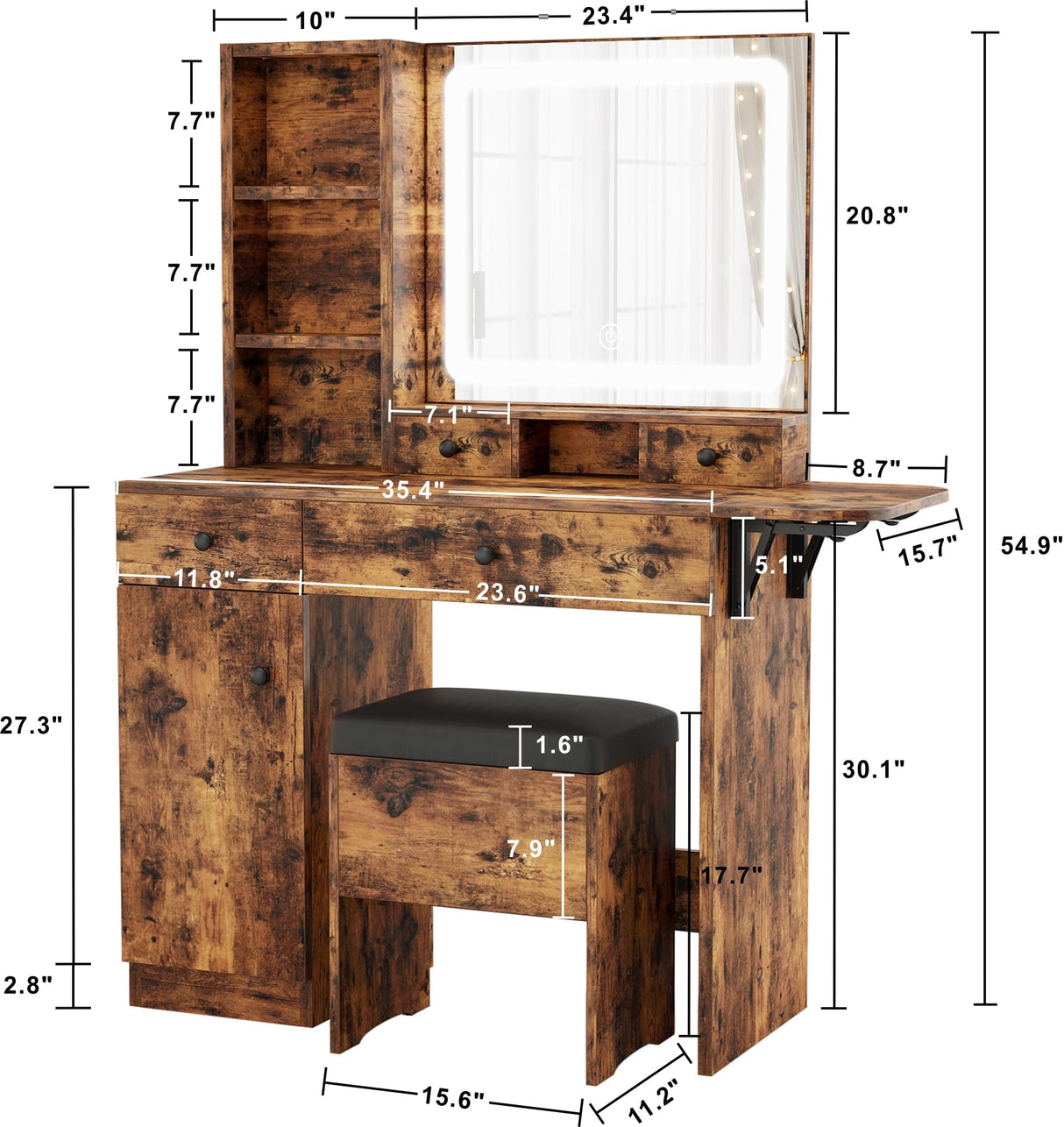 LIKIMIO Vanity Desk with Drawers & LED Lighted Mirror & Power Outlet & Cabinet, Storage Stool, Stylish Bedroom Makeup Table Set, Vintage Brown LIKIMIO