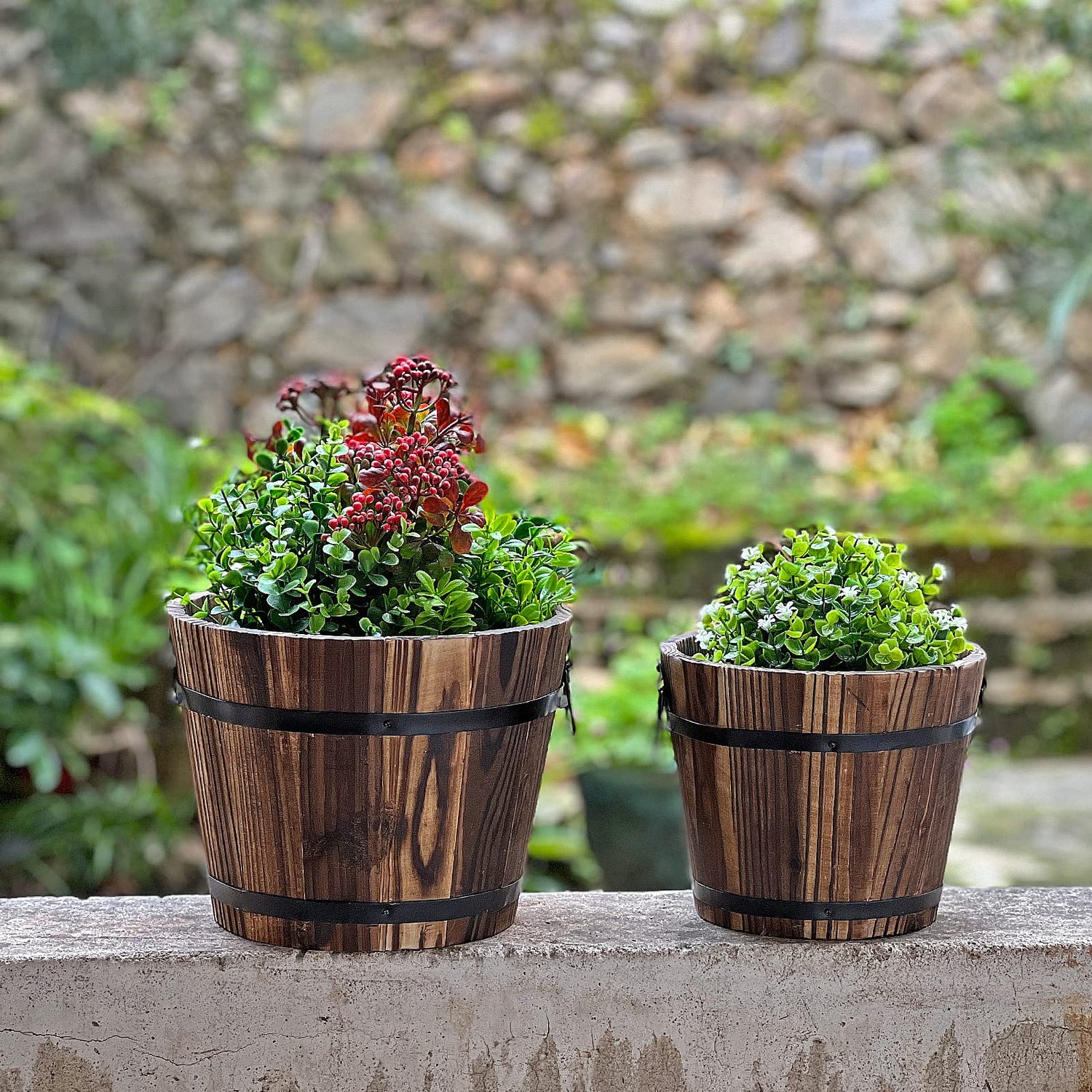Small Wooden Bucket Barrel Planters – 6.3’’＋5.3'' Rustic Flower Planters Pots Boxes Container with Drainage Holes for Indoor Home Decor Small Plants, HappyDecor