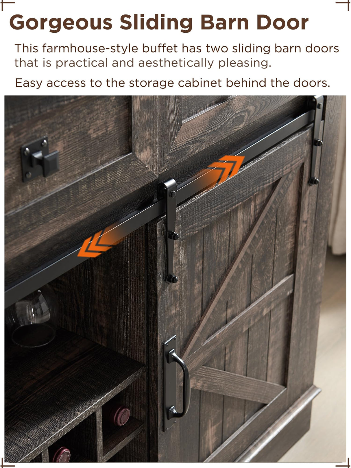 OKD Farmhouse Buffet Cabinet, 54" Sideboard with 3 Drawers, Sliding Barn Door, Wine and Glass Rack, Storage Shelves, Liquor Coffee Bar Cupboard for OKD