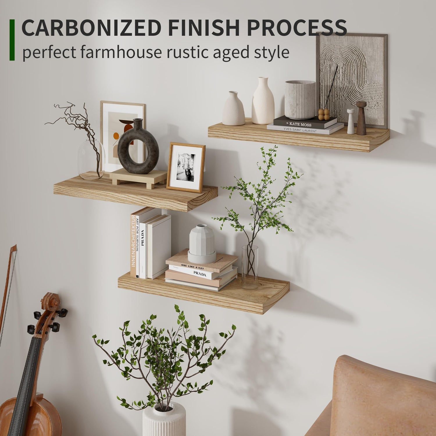 Floating Shelves, 17 Inch Wall Shelf Set of 3, Rustic Wood Shelves for Wall Storage, Wall Mounted Wooden Display Shelf for Bedroom Kitchen, Marsmiles