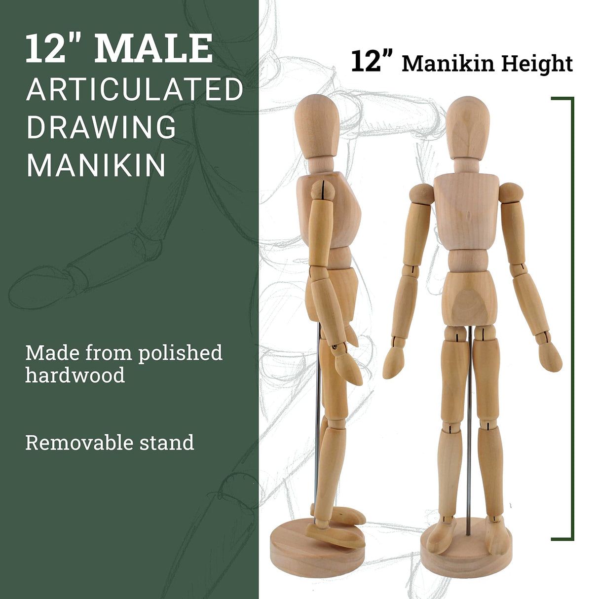 US Art Supply Wood 12" Artist Drawing Manikin Articulated Mannequin with Base and Flexible Body - Perfect for Drawing The Human Figure (12" Male) U.S. Art Supply