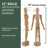 US Art Supply Wood 12" Artist Drawing Manikin Articulated Mannequin with Base and Flexible Body - Perfect for Drawing The Human Figure (12" Male) U.S. Art Supply