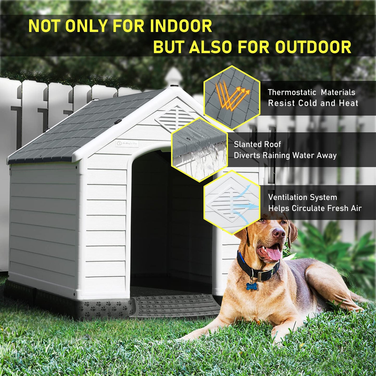 LEMBERI Durable Waterproof Plastic Dog House for Small to Large Sized Dogs, Indoor Outdoor Doghouse Puppy Shelter with Elevated Floor, Easy to - WoodArtSupply