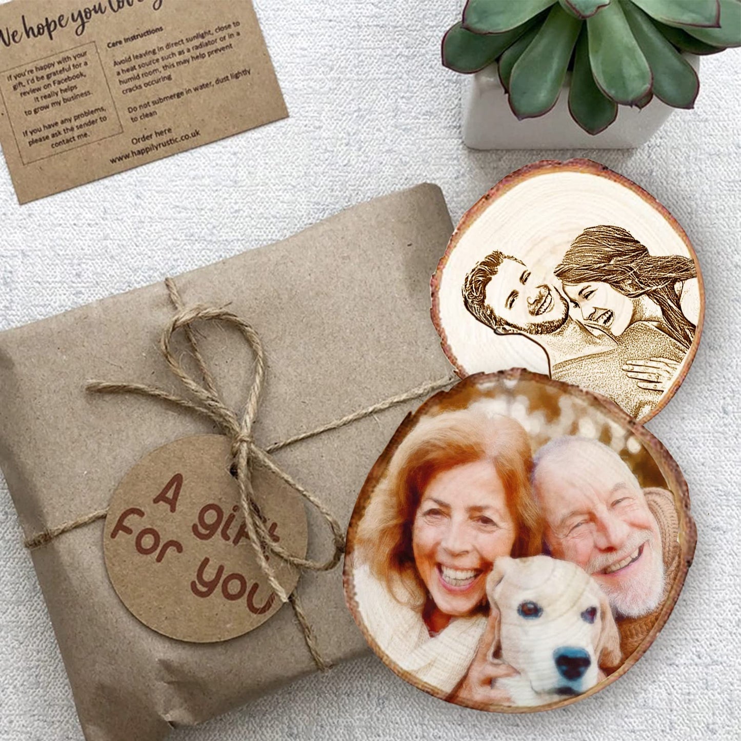 WQingot Personalized Photo Wood Slice Custom Engraved Picture Text Frame Tree Wooden Crafts for Valentine's Day Anniversary Birthday Wedding Gift