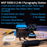 WEP 939D-II 2-IN-1 Wood Burning Kit 86-IN-1 with 51 Solid Points and 20 Wire Nibs Wood Burner with 2 Letter Number Stencils, 2 Unfinished Wood, 1 Pen WEP