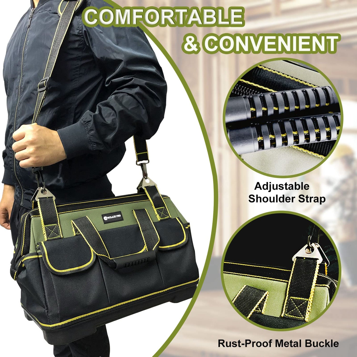 WILAXI PRO 17in Tool Bag For Men Heavy Duty with Waterproof Molded Base, High Capacity Wide Mouth Tote, Construction Worker Electricians Tool Bags, WILAXI PRO