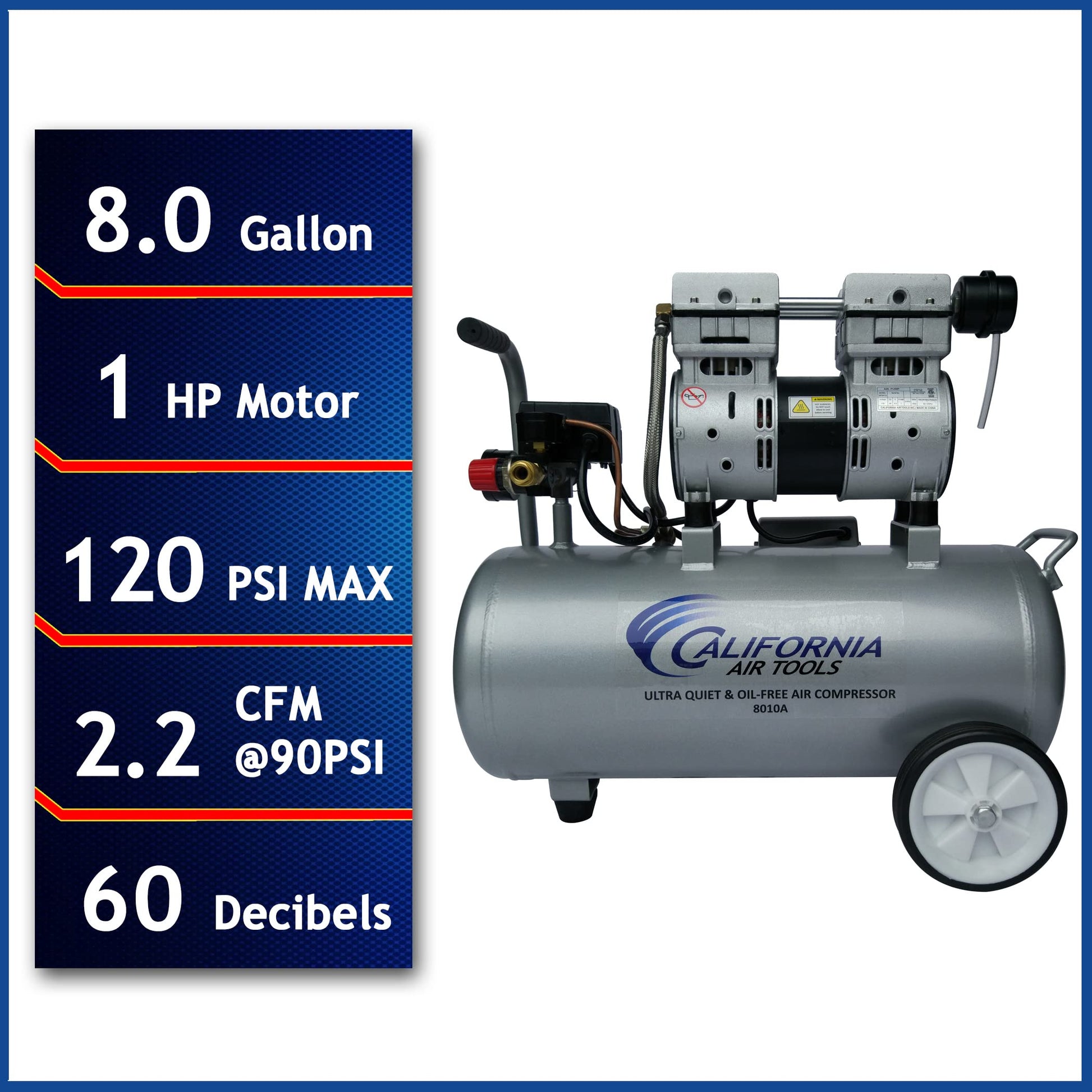 California Air Tools 8010A Aluminum Tank Air Compressor | Ultra Quiet, Oil-Free, 1.0 hp, 8 gal - WoodArtSupply