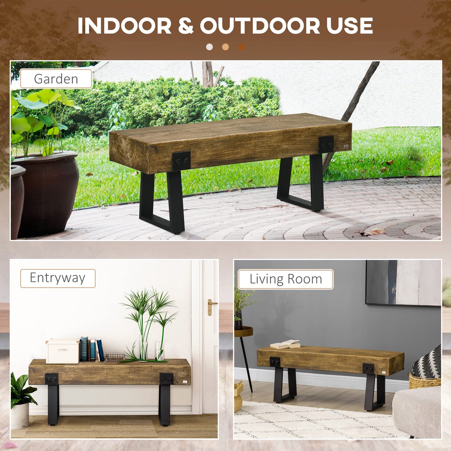 HOMCOM Garden Bench with Metal Legs, Rustic Wood Effect Concrete Entryway Bench, End of Bed Bench, Indoor Outdoor Use for Patio, Park, Porch and HOMCOM