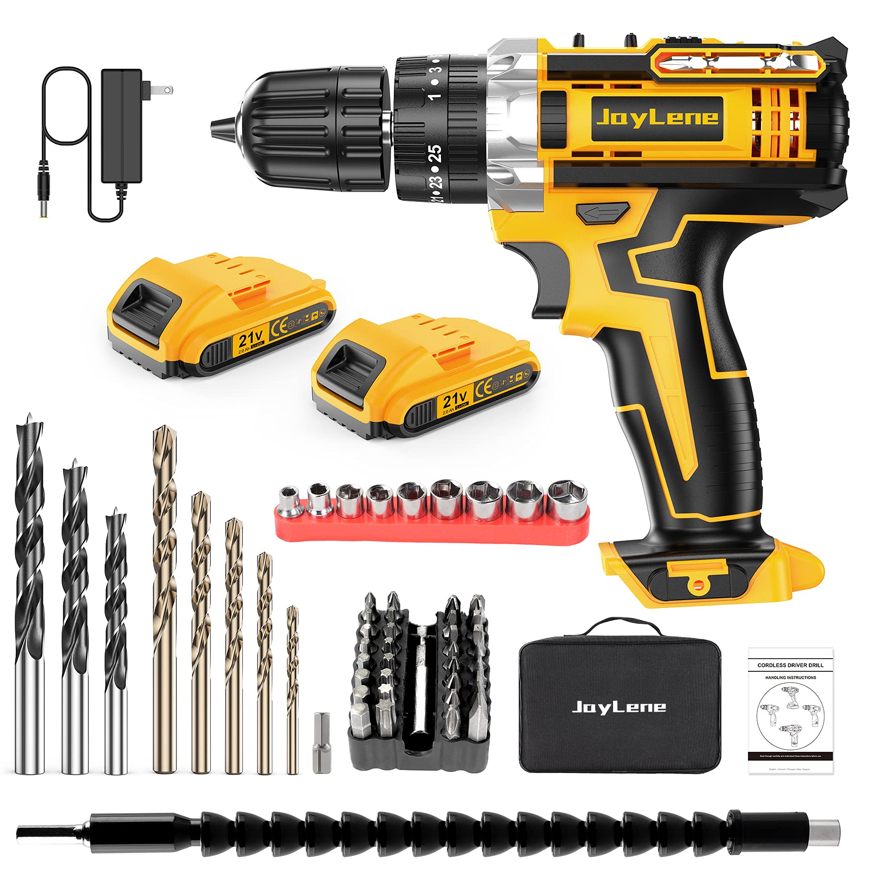 JayLene 21V Cordless Drill Set, Power Drill 59Pcs with 3/8 Inch Keyless Chuck, 25 3 Clutch Electric Drill with Work Light, Max torque 45Nm, - WoodArtSupply