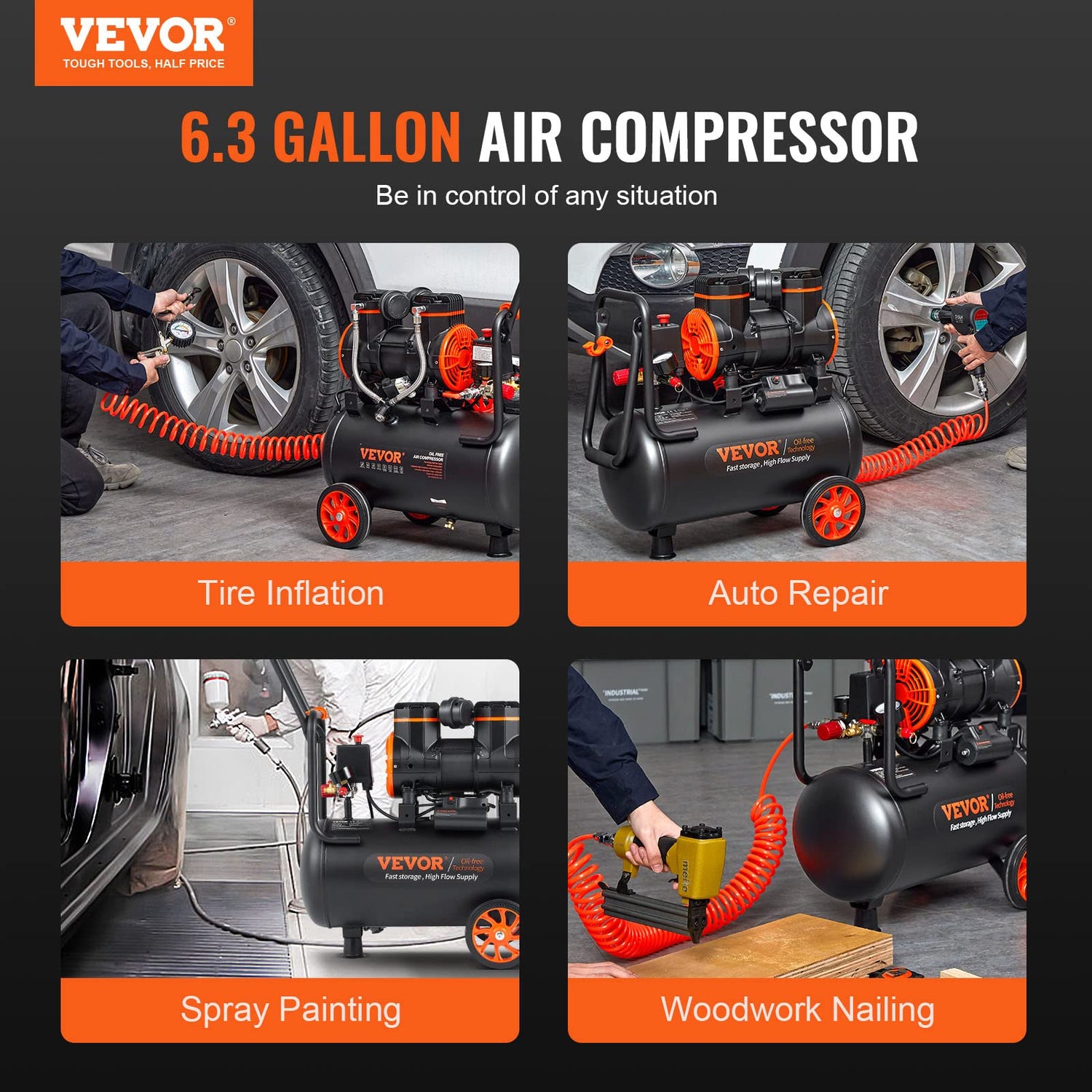 VEVOR 6.3 Gallon Air Compressor, 2 HP 3.35 CFM@ 90PSI Oil Free Air Compressor Tank & Max. 116PSI Pressure, 70 dB Quiet Compressor for Auto Repair, VEVOR