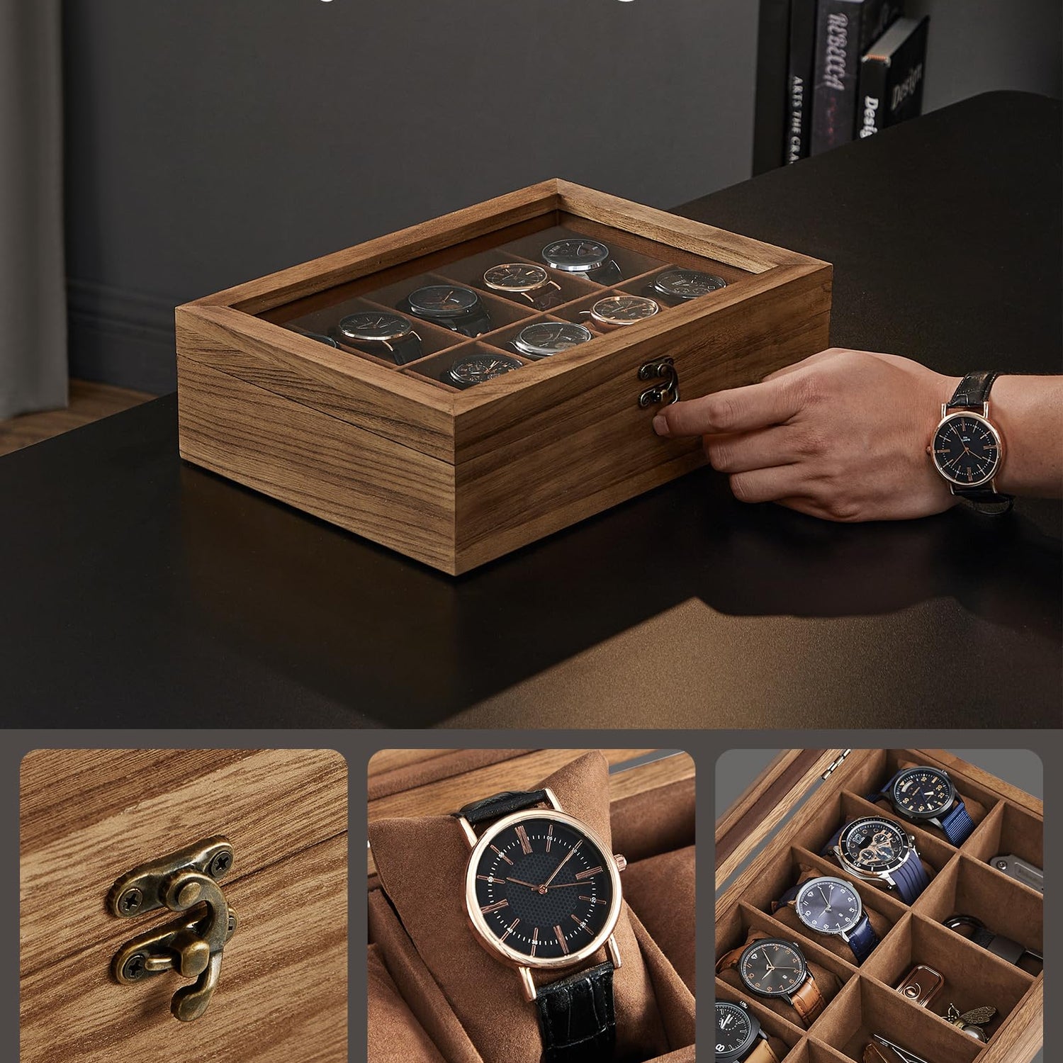 SONGMICS Watch Box, 10-Slot Watch Case, Solid Wood Watch Box Organizer with Large Glass Lid, Watch Display Case with Removable Pillows, Gift for SONGMICS