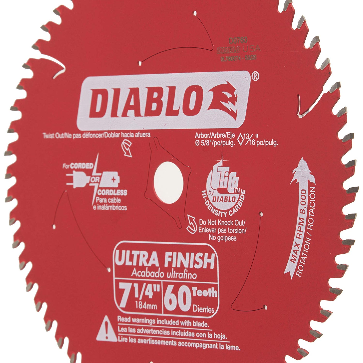 Freud D0760A Diablo 7-1/4" x 60-Tooth Ultra Fine Finishing Circular Saw Blade with 5/8" Arbor and Diamond Knockout Single Blade Freud