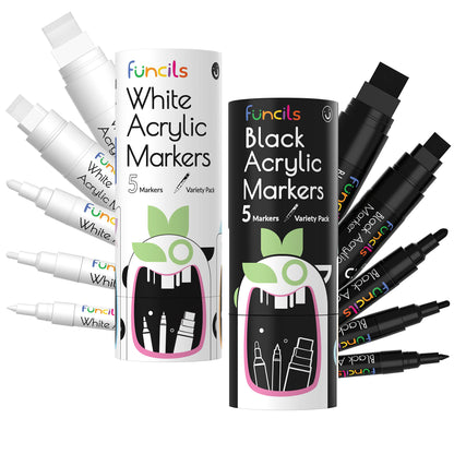 Funcils Acrylic Bundle - 5 White and Black Acrylic Paint Pens - WoodArtSupply