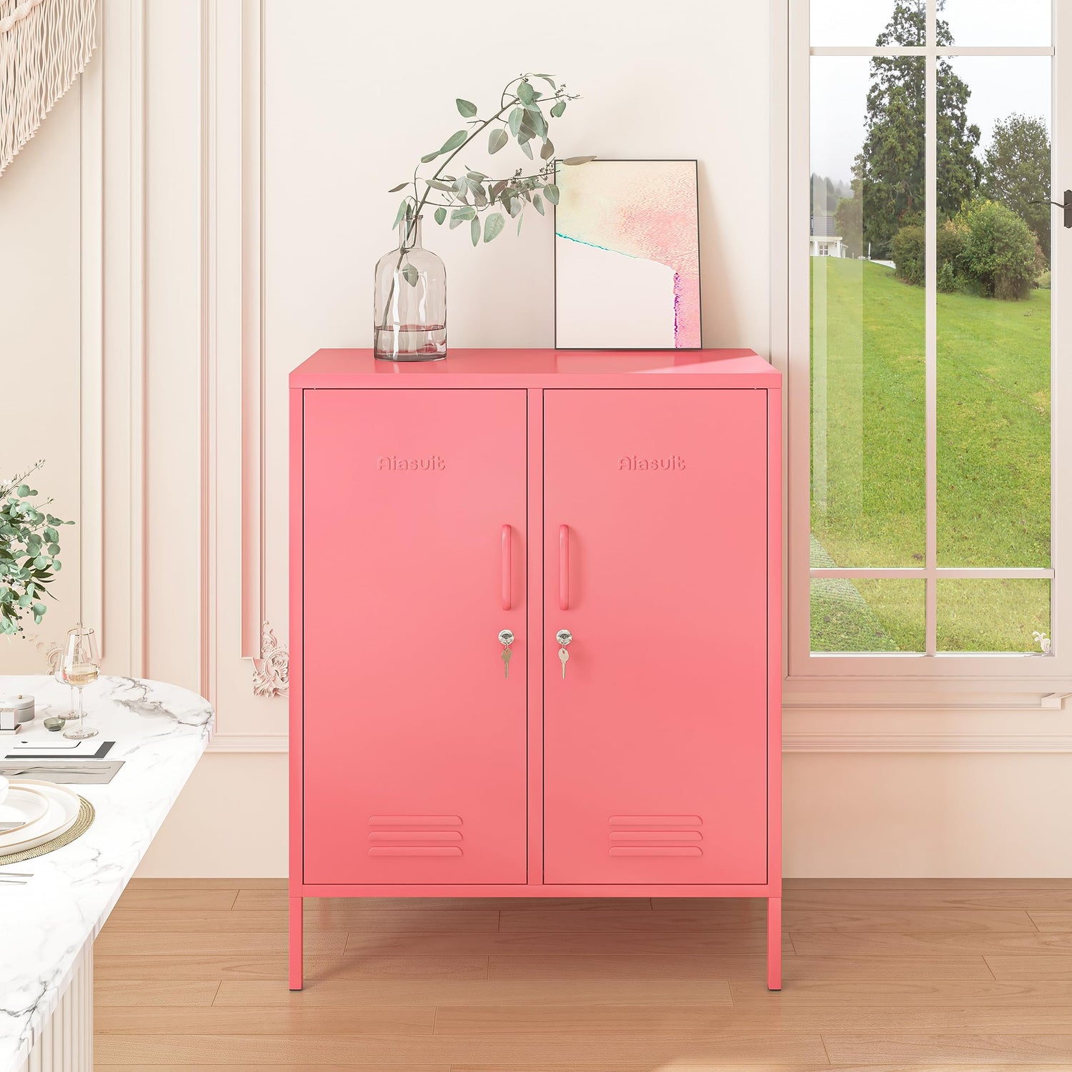 Aiasuit 2 Doors Lockable Metal Storage Cabinet 3 Tiers Shelf Multifunctional Storage Organizer Detachable Shelves Easy to Assemble Red Size: 39.37”H Aiasuit