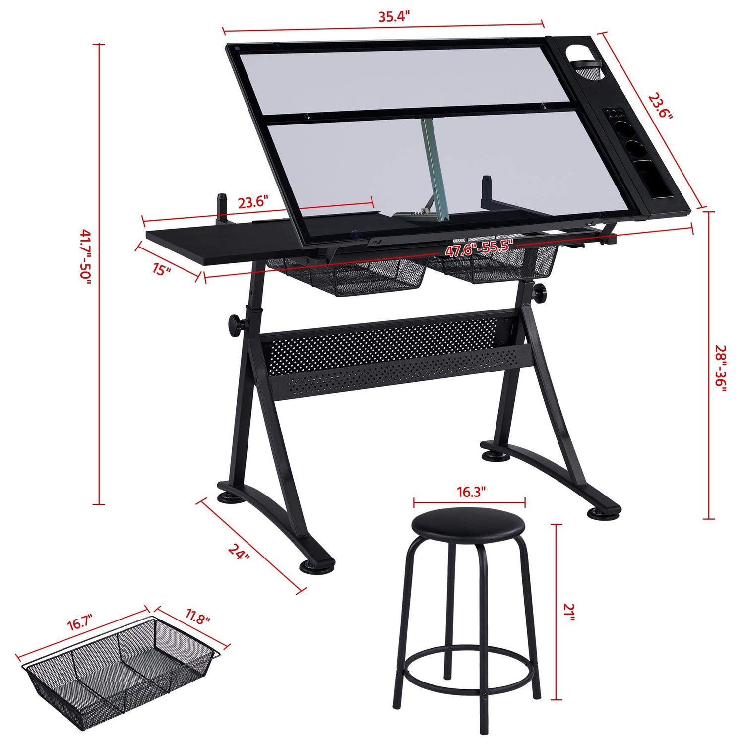 Yaheetech Drawing Table, Art Craft Desk with Adjustable Tabletop, Painters/Artist Work Station, Study Table with Stool, Tempered Glass Top Yaheetech