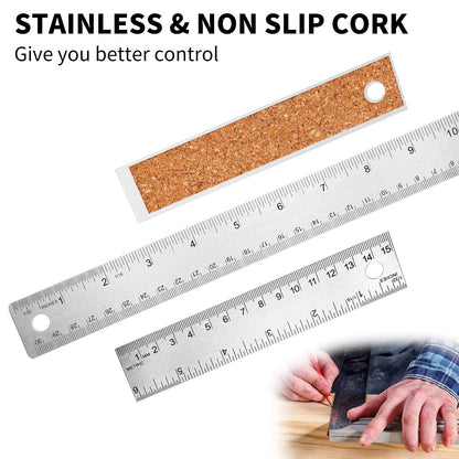 3 Pieces Stainless Steel Cork Back Rulers Set 1 Piece 12 Inch and 2 Pieces 6 Inch Non Slip Straight Edge Rulers with Inch and Metric Graduations for - WoodArtSupply