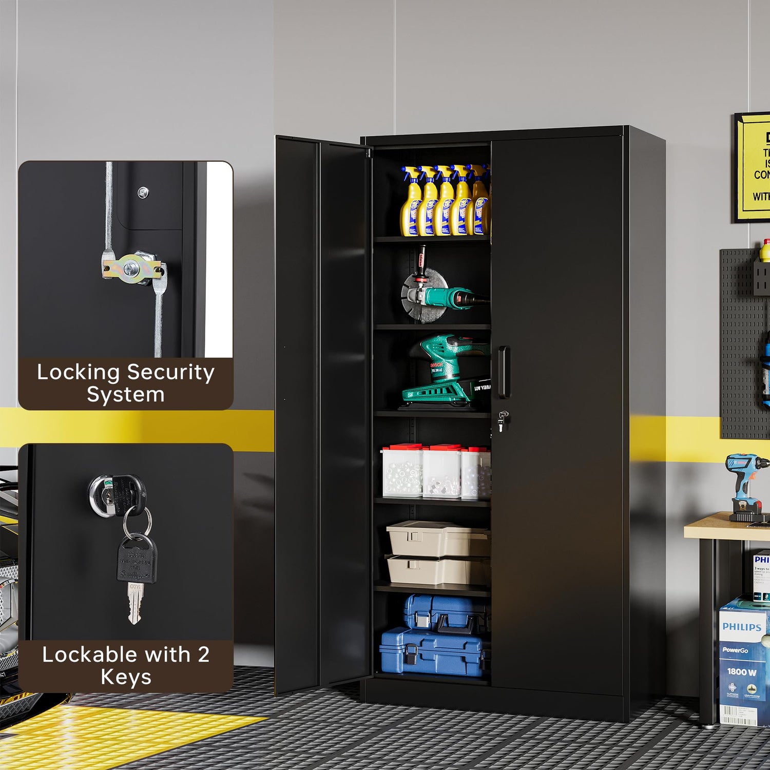 AFAIF Metal Garage Cabinets, 72" Tall Locking Storage Cabinets with 2 Doors and 5 Adjustable Shelves, Steel Utility Tool Cabinet, Black Lockable AFAIF